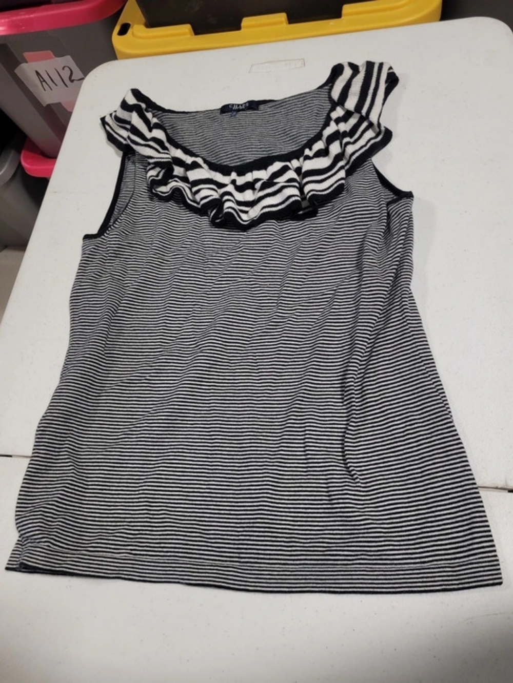 Chaps Striped Ruffle Neck Tank Top in Black & White